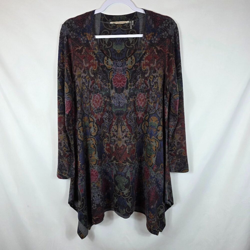 Soft Surroundings Long Sleeve Tunic Size Petite Medium Blue Burgundy Floral